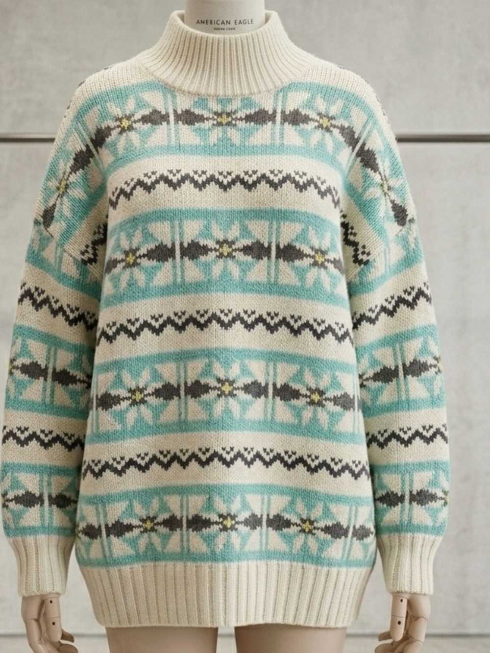 American Eagle Outfitters Cream and Teal Nordic Fair Knit Sweater size small ski